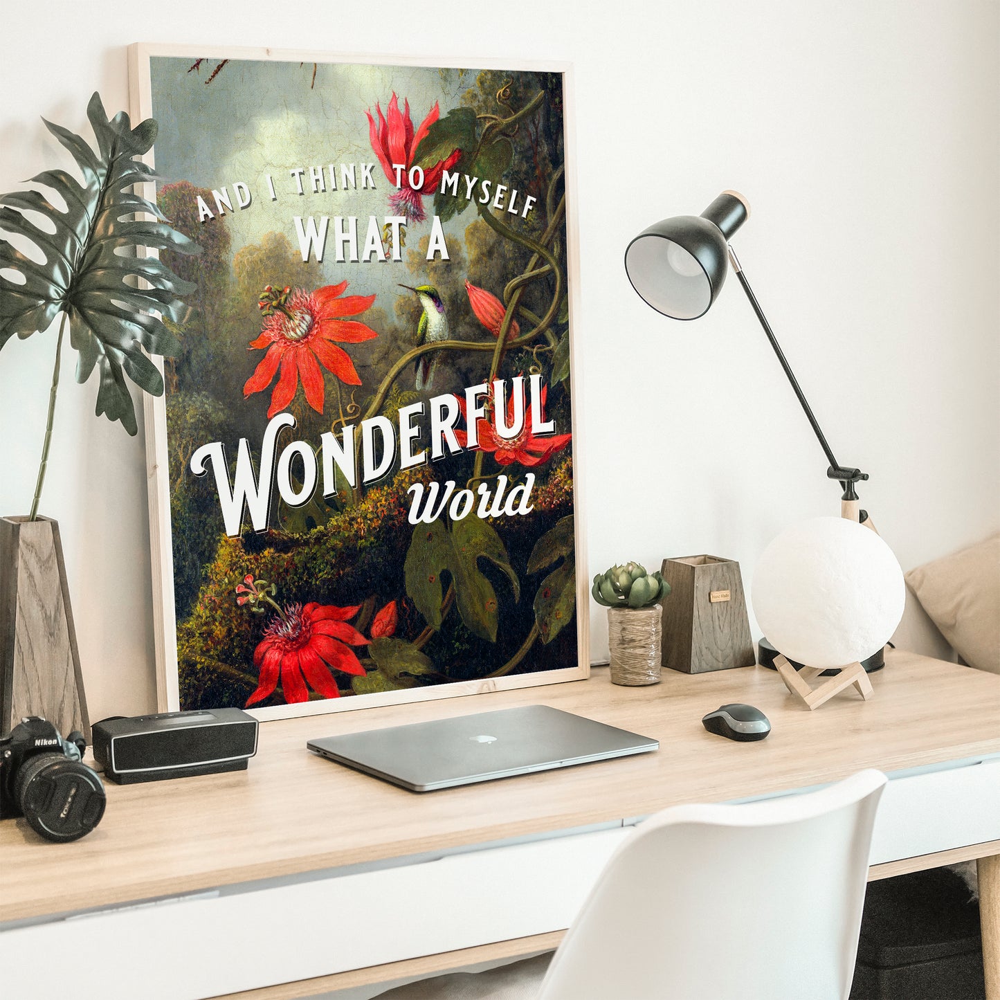 Vintage Style Wonderful World Positivity Art Print Poster framed on desk