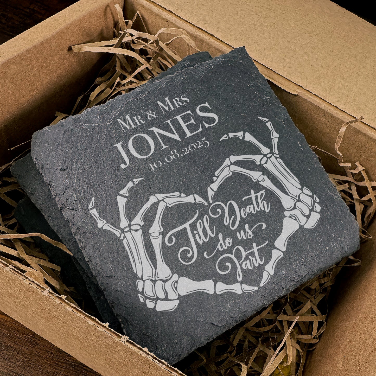 Personalised Gothic Wedding Slate Coaster Wedding Favour Gift Skeleton Coaster WC07