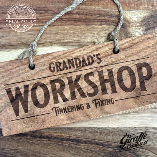 Personalised Wooden Workshop Sign - Solid Oak - Hanging Sign Gift WS01