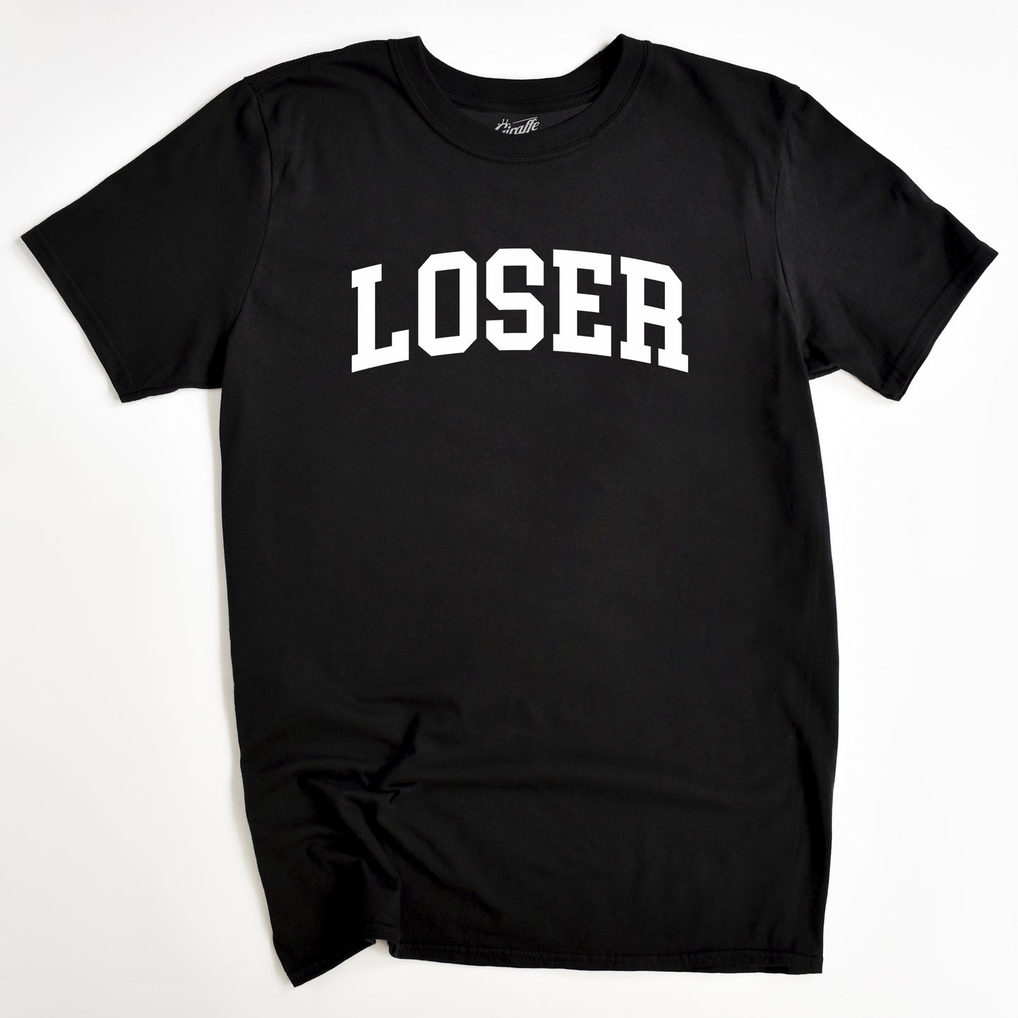Black t-shirt with 'LOSER' printed in white on a white background