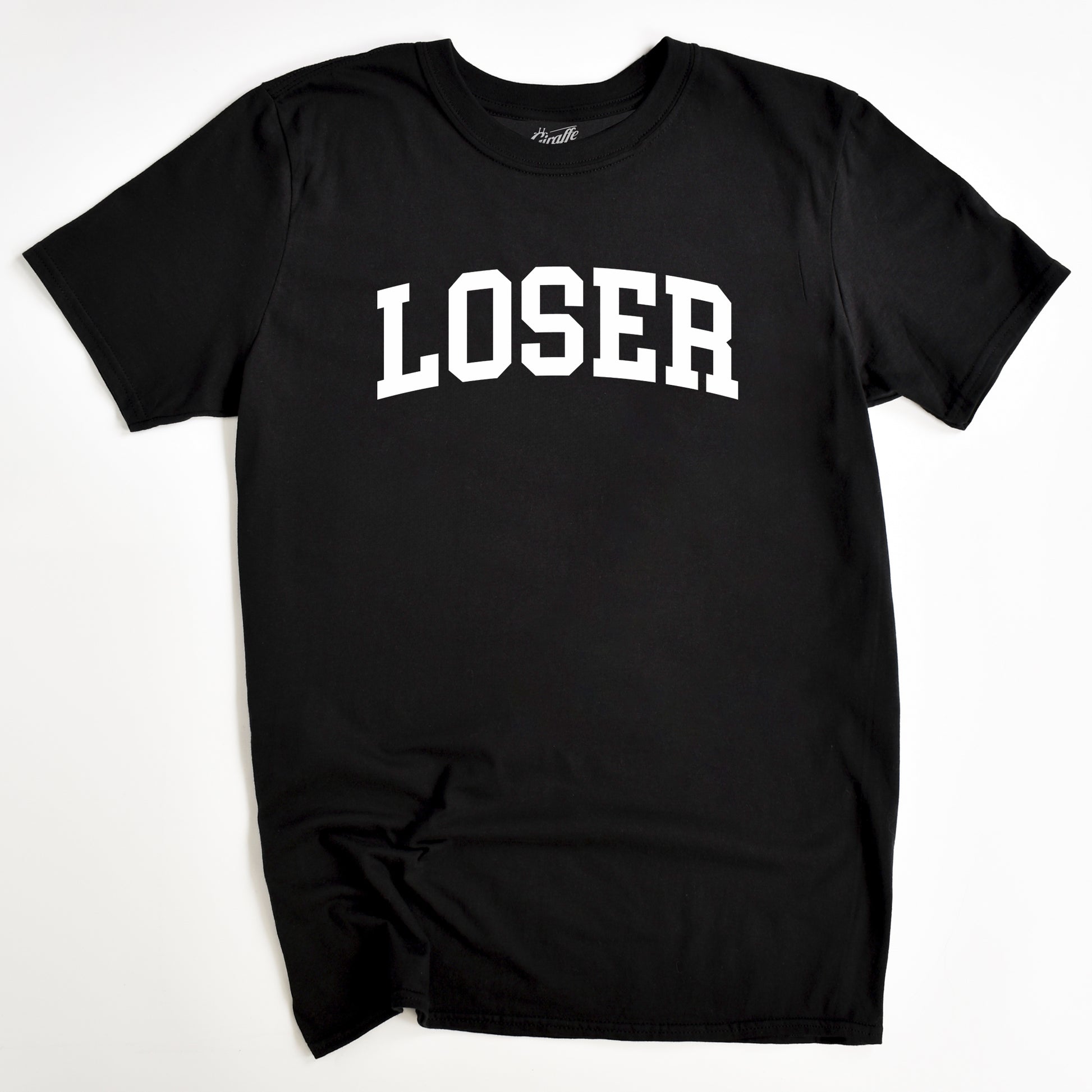 Black t-shirt with 'LOSER' printed in white on a white background