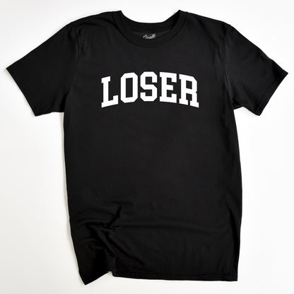 Black t-shirt with 'LOSER' printed in white on a white background