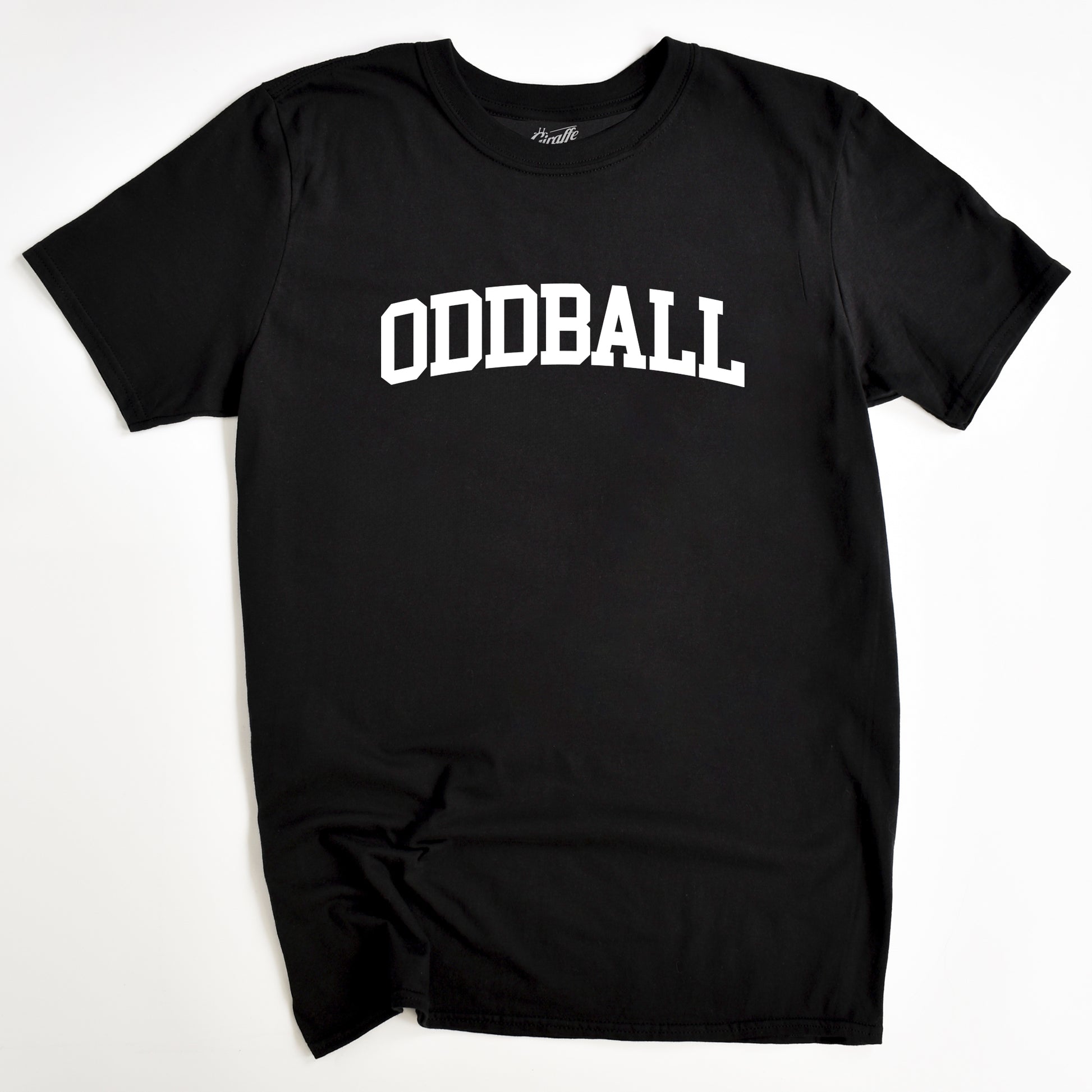 Black t-shirt with 'ODDBALL' printed in white on a white background