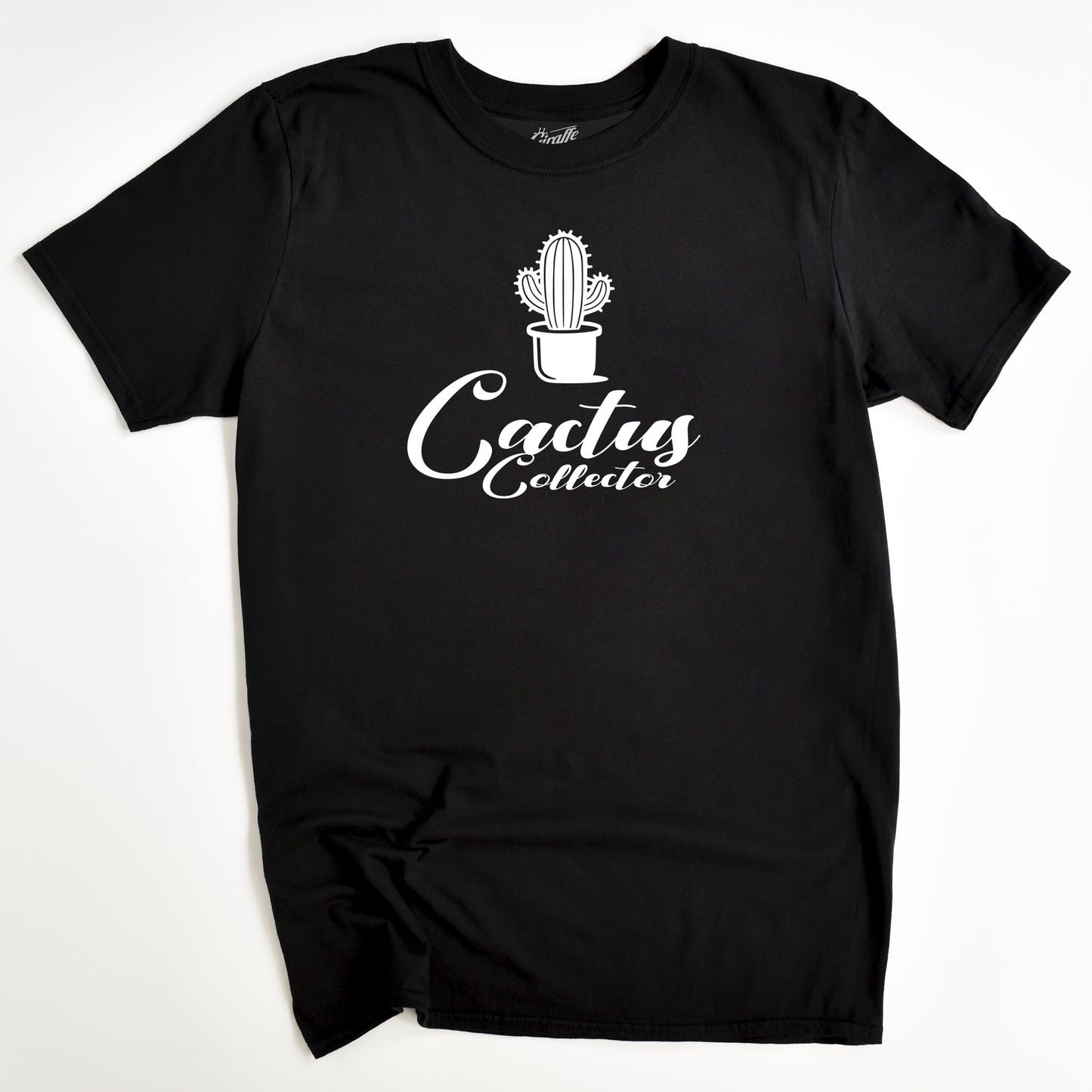 Black t-shirt with 'Cactus Collector' text and a graphic of a cactus in a pot on the front.