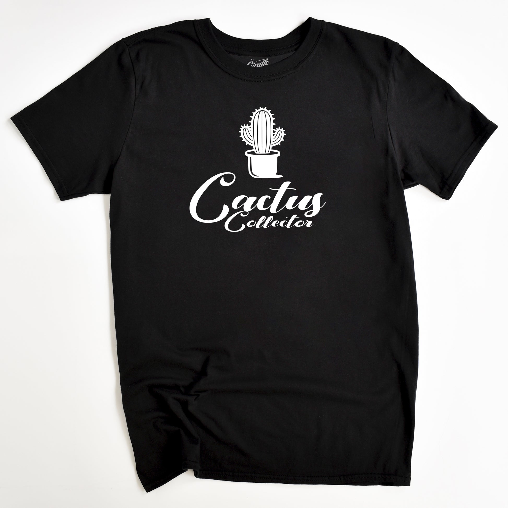 Black t-shirt with 'Cactus Collector' text and a graphic of a cactus in a pot on the front.