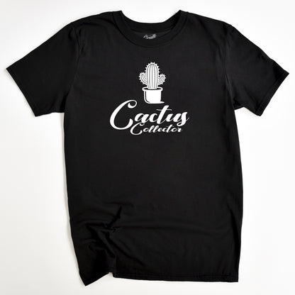 Black t-shirt with 'Cactus Collector' text and a graphic of a cactus in a pot on the front.