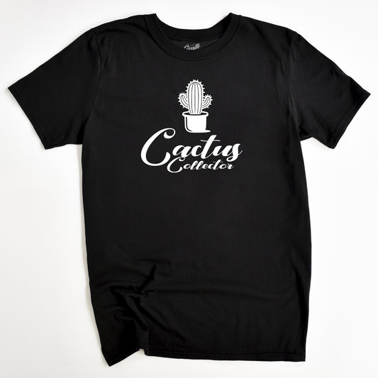 Black t-shirt with 'Cactus Collector' text and a graphic of a cactus in a pot on the front.