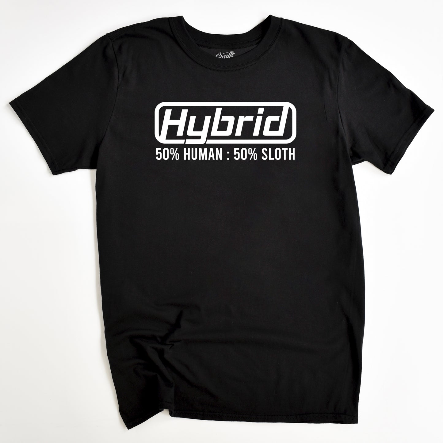 Black T-shirt with the text 'Hybrid 50% Human 50% Sloth' printed on the front.