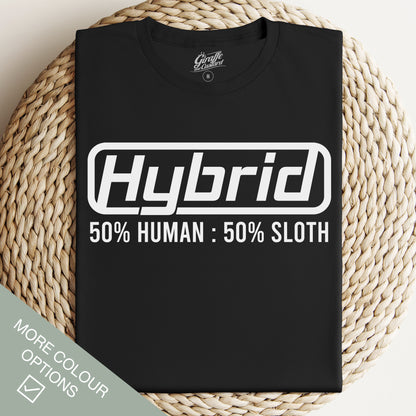 Black T-shirt with the text 'Hybrid 50% Human 50% Sloth' printed on the front.