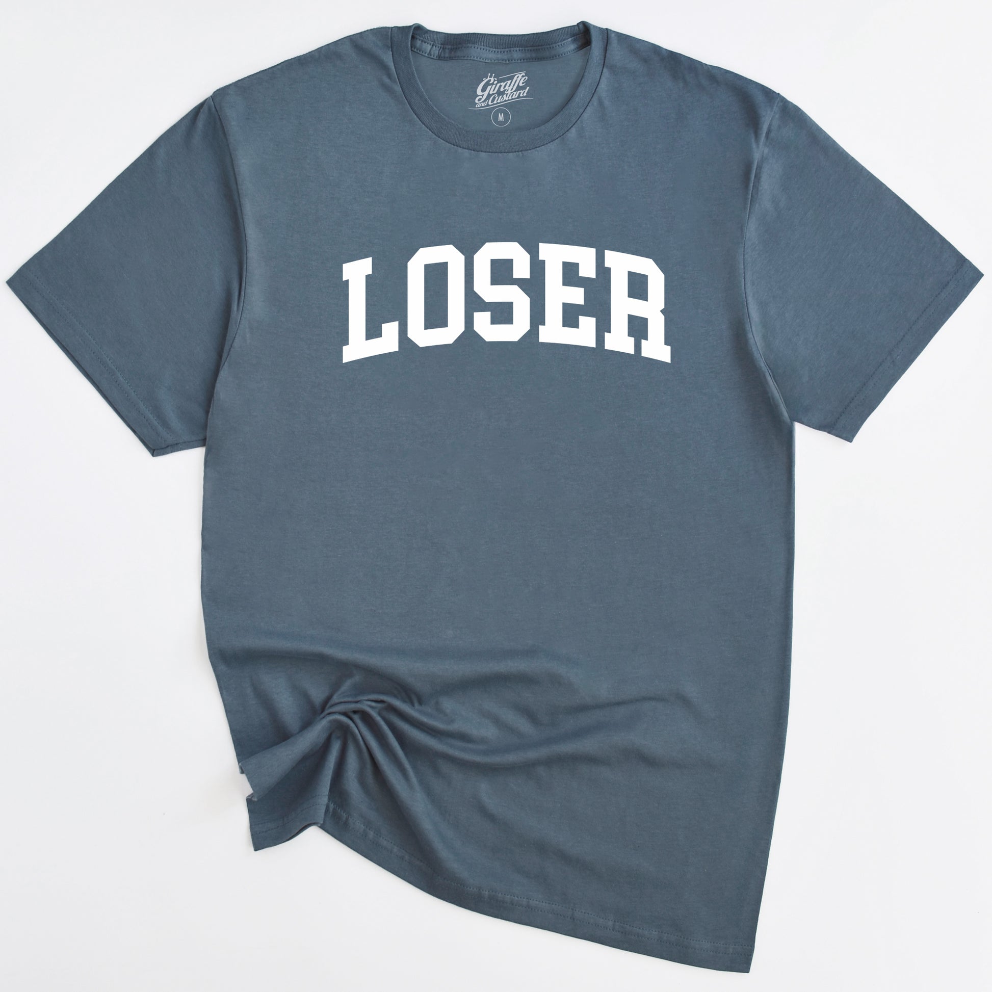 Blue t-shirt with 'LOSER' printed on it against a white background