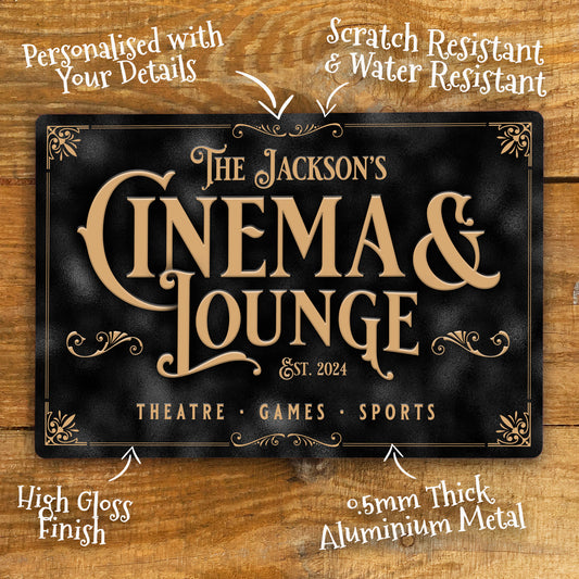 Personalised Home Cinema Sign printed on Aluminium Metal Image showing details
