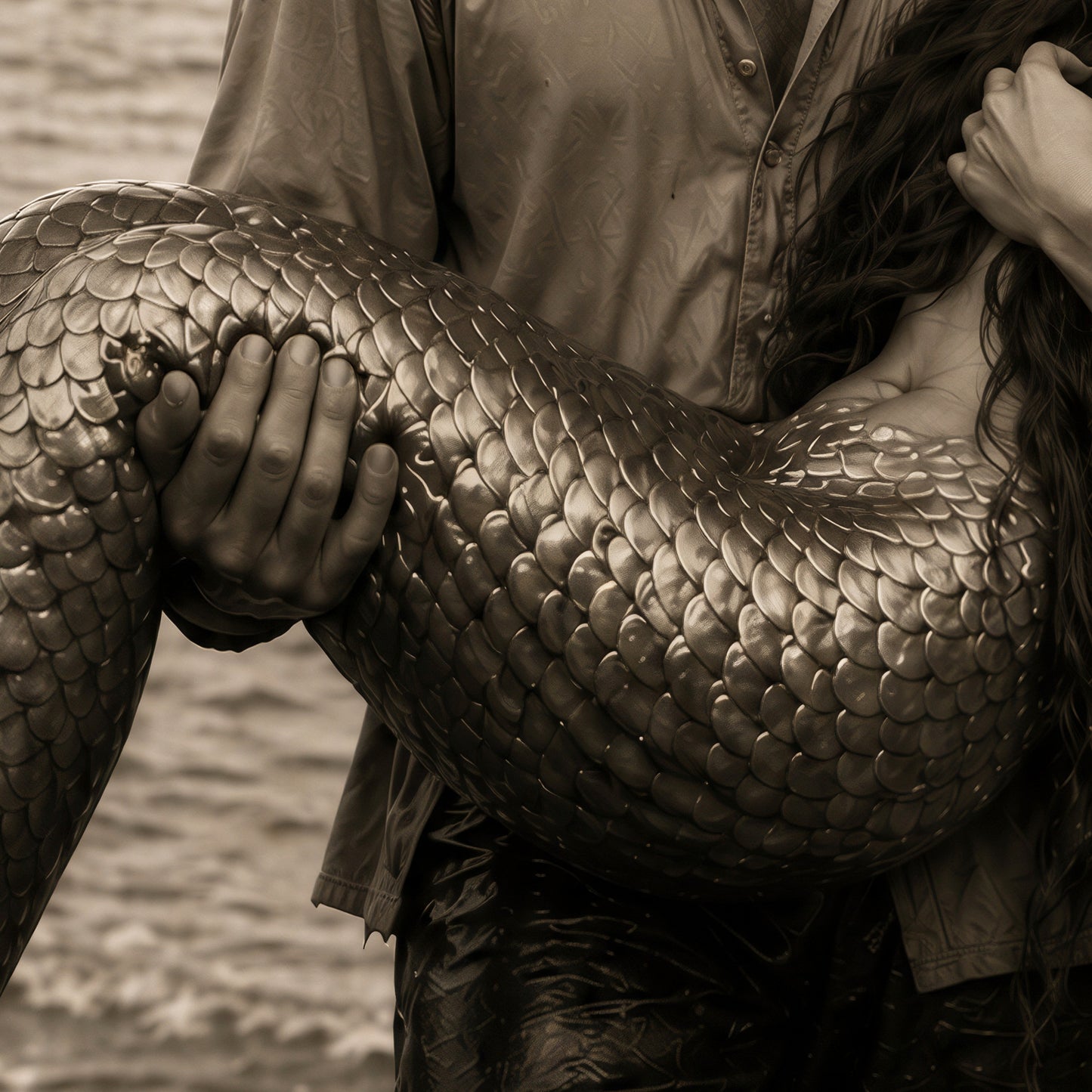Mermaid Love Print Coastal Wall Art Romantic Ocean Couple Fisherman Mermaid Poster Fantasy Beach Decor Moody Black White Art