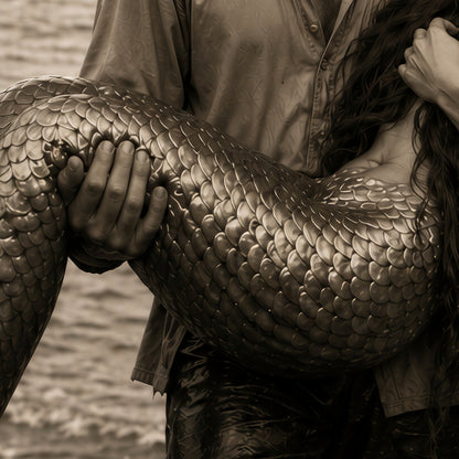 Mermaid Love Print Coastal Wall Art Romantic Ocean Couple Fisherman Mermaid Poster Fantasy Beach Decor Moody Black White Art