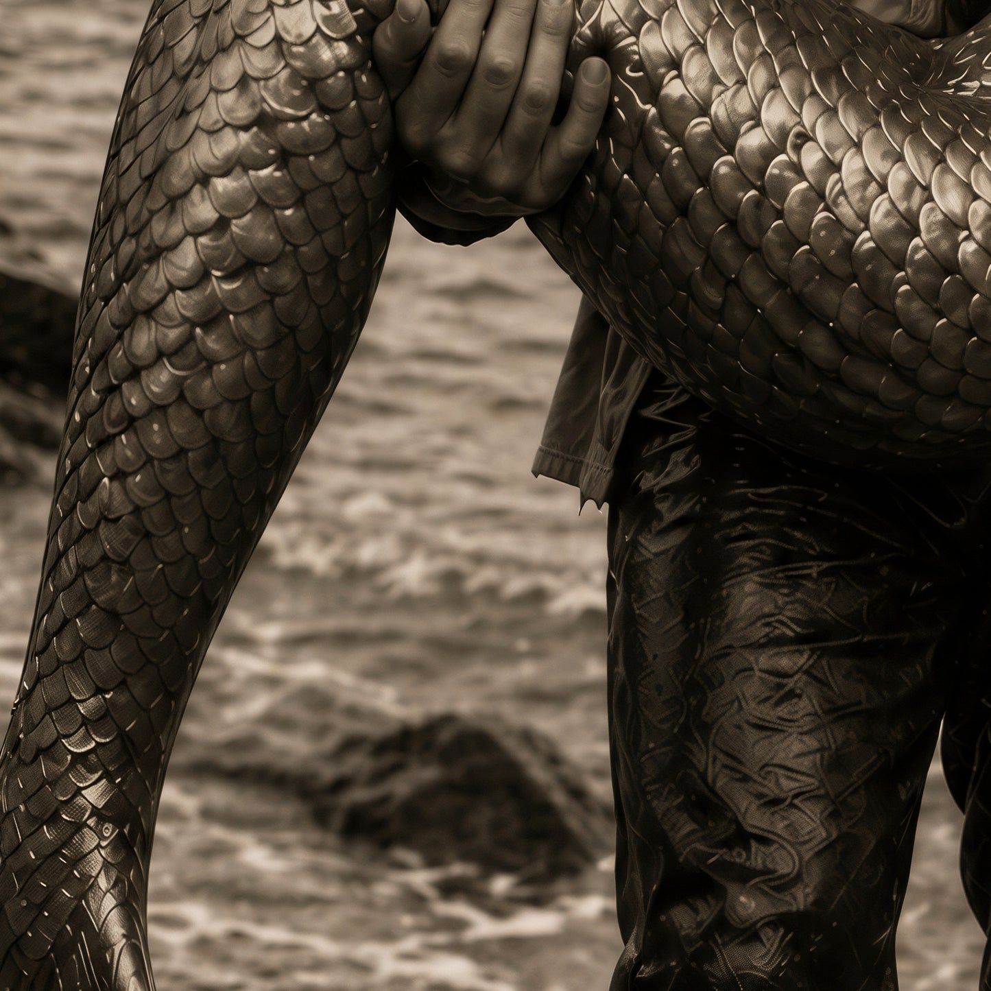 Mermaid Love Print Coastal Wall Art Romantic Ocean Couple Fisherman Mermaid Poster Fantasy Beach Decor Moody Black White Art