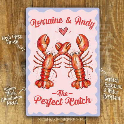 Personalised Couple Lobster Metal Sign – Wedding Anniversary Gift, Romantic Coastal Wall Art, Custom Names Aluminium Love Sign