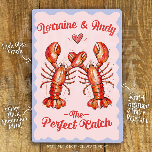 Personalised Couple Lobster Metal Sign – Wedding Anniversary Gift, Romantic Coastal Wall Art, Custom Names Aluminium Love Sign