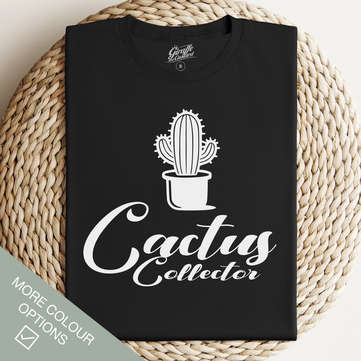 Black t-shirt with 'Cactus Collector' text and a graphic of a cactus in a pot on the front.