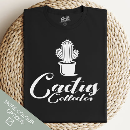 Black t-shirt with 'Cactus Collector' text and a graphic of a cactus in a pot on the front.