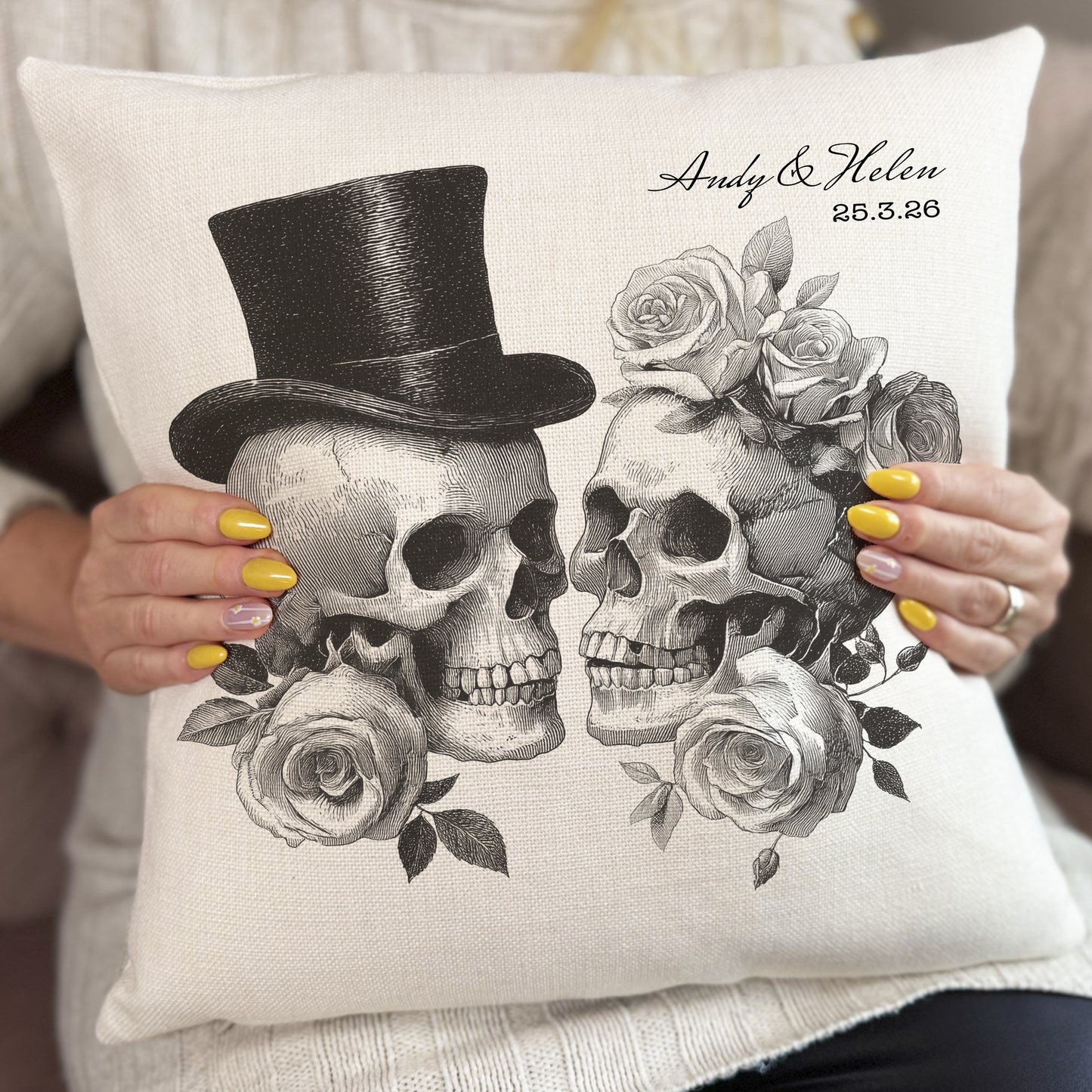 Personalised Gothic Wedding Cushion Cover, Vintage Skeleton Couple Pillow 40cm