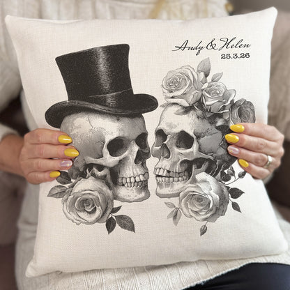 Personalised Gothic Wedding Cushion Cover, Vintage Skeleton Couple Pillow 40cm