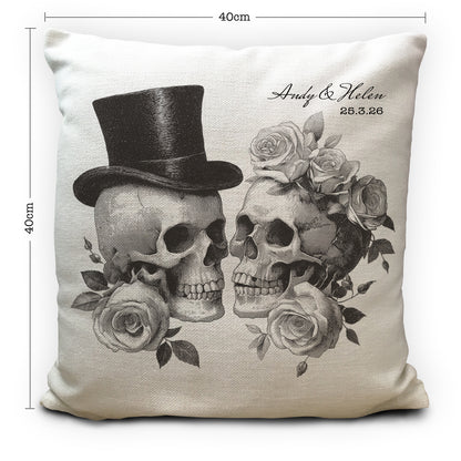 Personalised Gothic Wedding Cushion Cover, Vintage Skeleton Couple Pillow 40cm