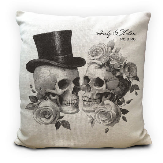 Personalised Gothic Wedding Cushion Cover, Vintage Skeleton Couple Pillow 40cm