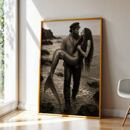 Mermaid Love Print Coastal Wall Art Romantic Ocean Couple Fisherman Mermaid Poster Fantasy Beach Decor Moody Black White Art