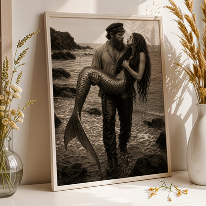 Mermaid Love Print Coastal Wall Art Romantic Ocean Couple Fisherman Mermaid Poster Fantasy Beach Decor Moody Black White Art