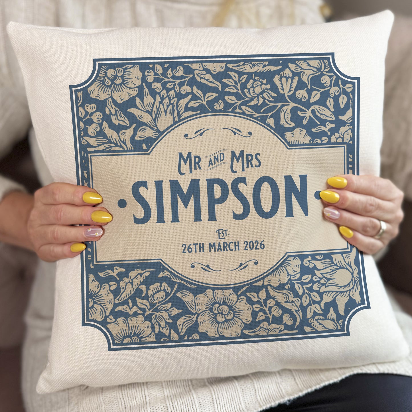 Personalised Wedding Cushion Cover William Morris Style Floral Blue