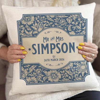 Personalised Wedding Cushion Cover William Morris Style Floral Blue