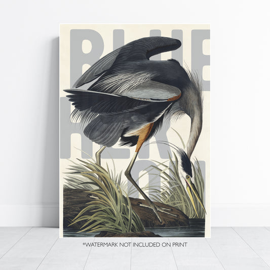 Blue Heron Wall Art Vintage Bird Print Coastal Nature Poster Neutral Wildlife Decor Botanical Ornithology Artwork
