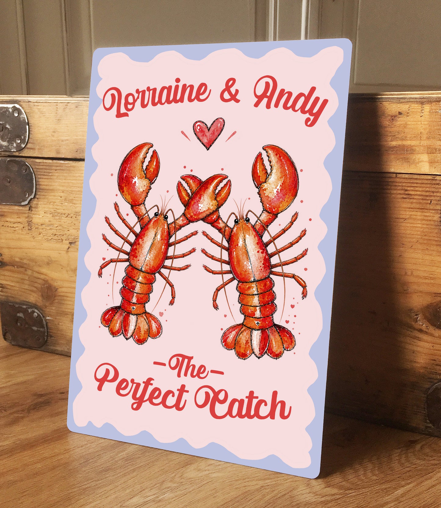 Personalised Couple Lobster Metal Sign – Wedding Anniversary Gift, Romantic Coastal Wall Art, Custom Names Aluminium Love Sign