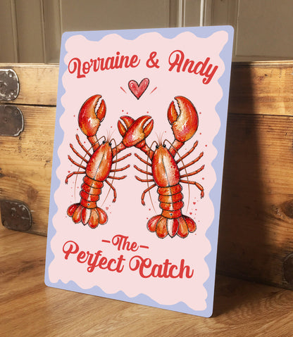 Personalised Couple Lobster Metal Sign – Wedding Anniversary Gift, Romantic Coastal Wall Art, Custom Names Aluminium Love Sign