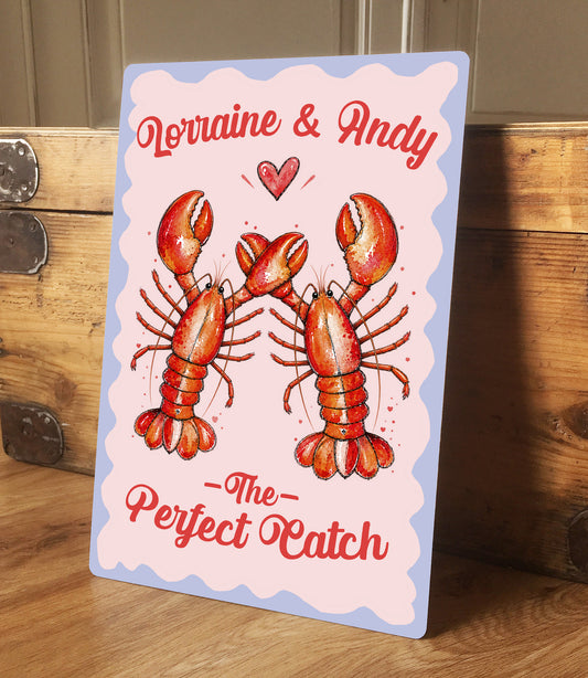 Personalised Couple Lobster Metal Sign – Wedding Anniversary Gift, Romantic Coastal Wall Art, Custom Names Aluminium Love Sign