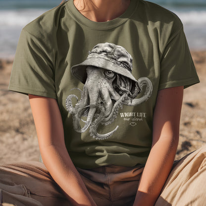 Wight Life T-Shirt - Bucket Hat Octopus FRONT GRAPHIC - Unisex Isle of Wight Tee