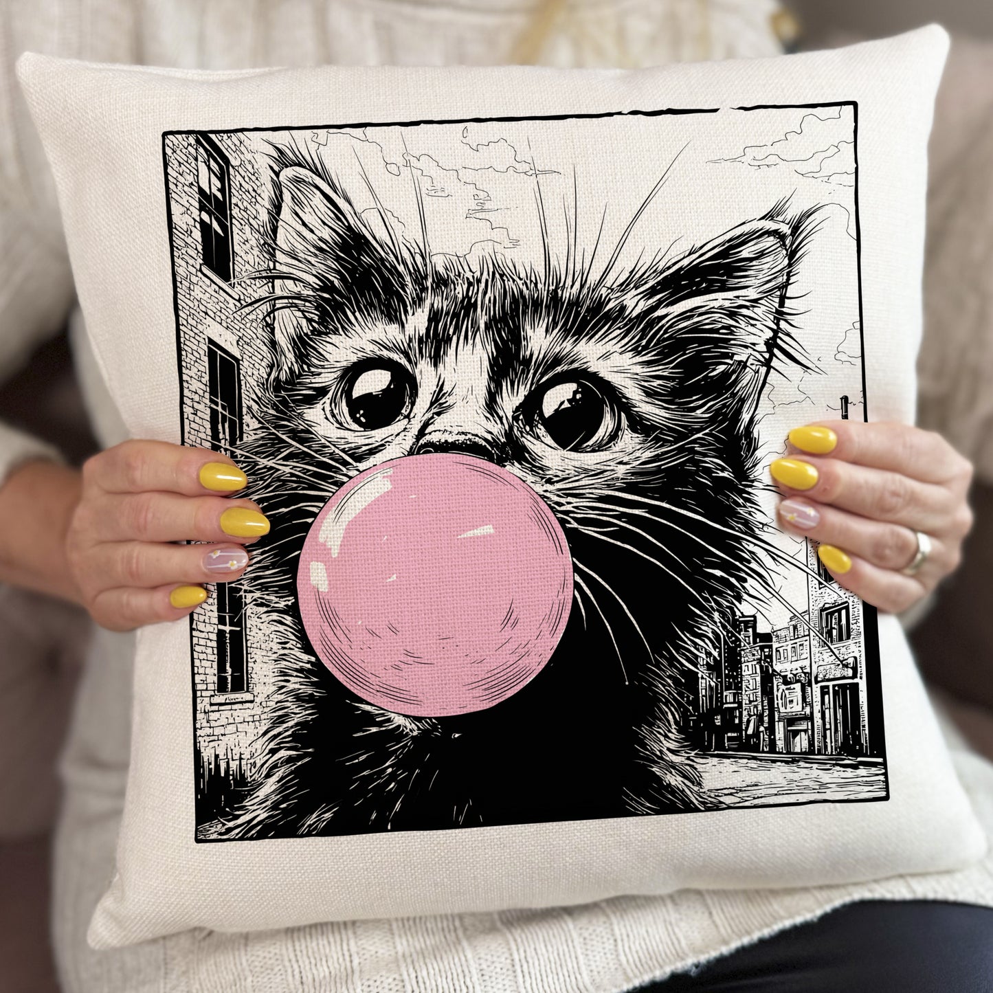 Bubblegum Cat Cushion Cover, Cat Lover Pillow Cover, Funny Home Decor 40cm