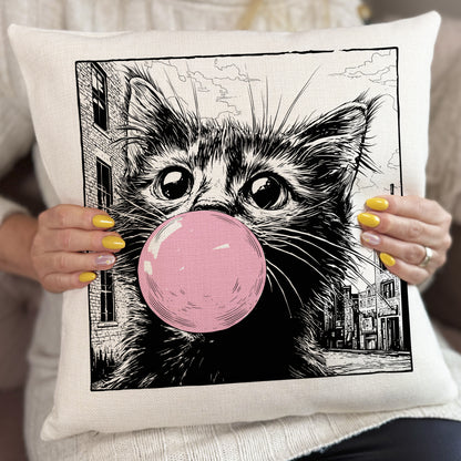 Bubblegum Cat Cushion Cover, Cat Lover Pillow Cover, Funny Home Decor 40cm