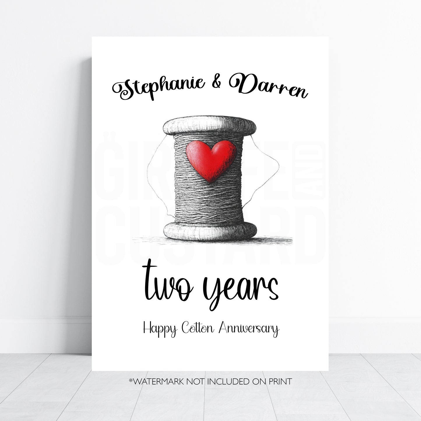 Personalised 2nd wedding anniversary cotton gift print with couple names and cotton reel heart illustration