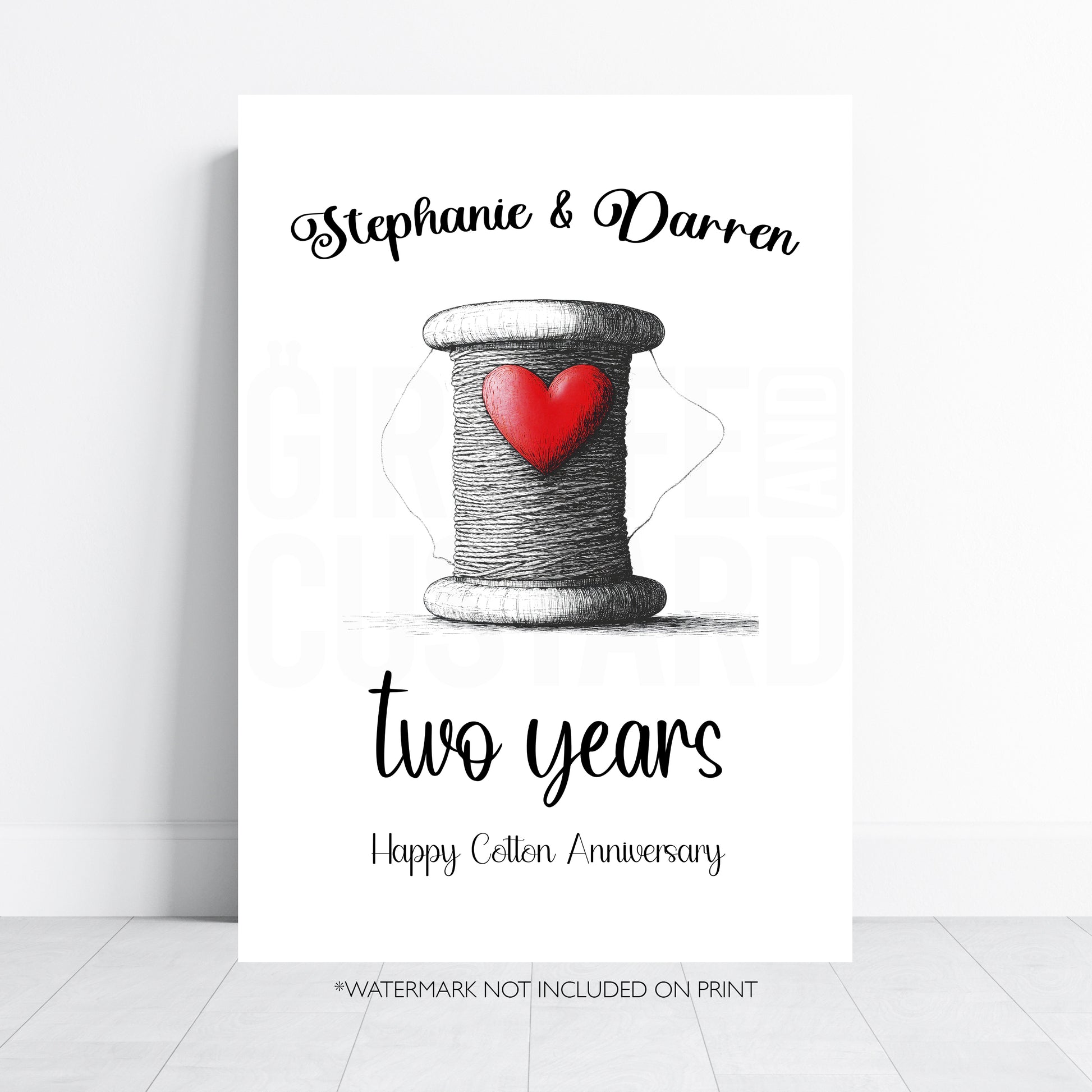Personalised 2nd wedding anniversary cotton gift print with couple names and cotton reel heart illustration