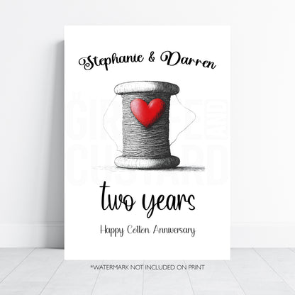 Personalised 2nd wedding anniversary cotton gift print with couple names and cotton reel heart illustration
