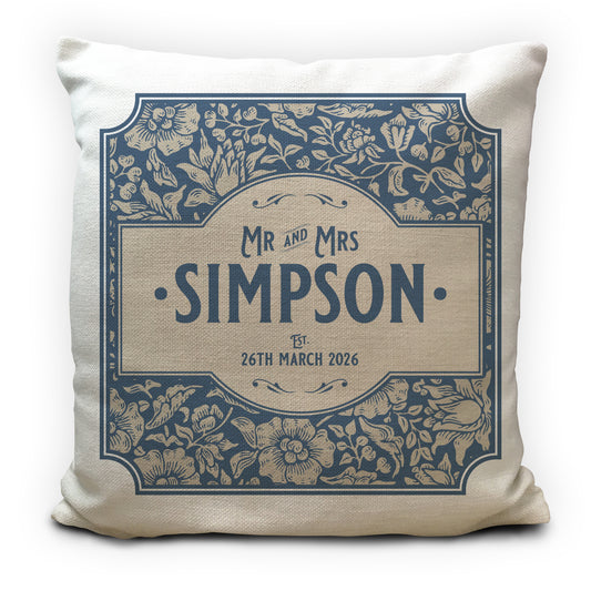 Personalised Wedding Cushion Cover William Morris Style Floral Blue