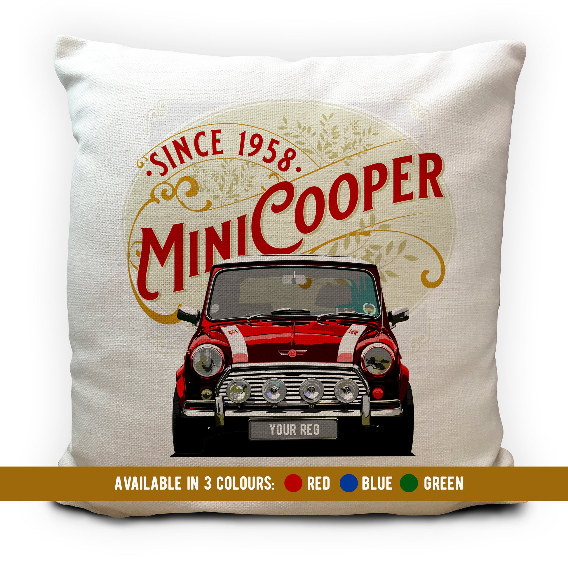 Personalised Mini Cooper 1960s Cushion with Personalised number plate shown in red colour