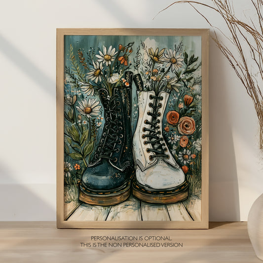 Personalised Wedding Print, Gothic, Indie Boots Couple Art, Alternative Wedding Gift, Custom Newlywed Print, Anniversary Gift A4 A3 A2 A1