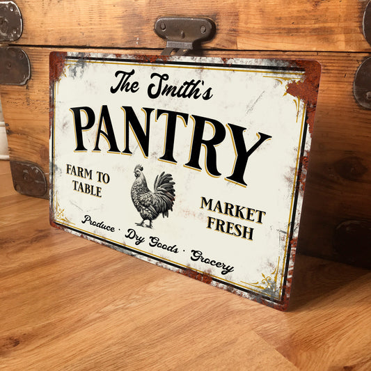 Personalised Pantry Kitchen Metal Sign, design in a victorian style with rusted effect.