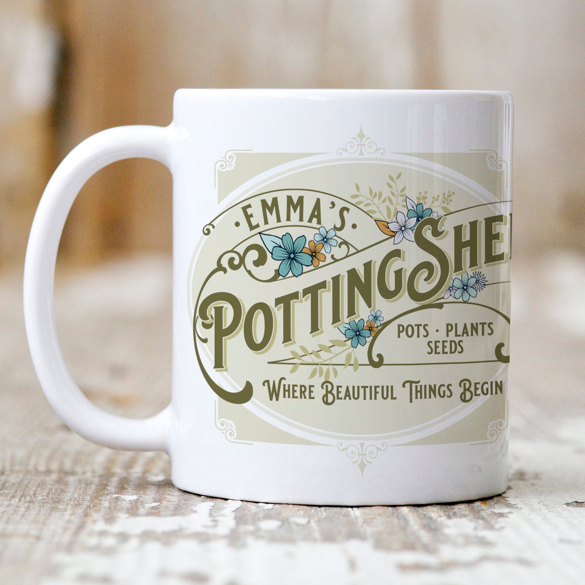 Personalised Potting Shed Ceramic Mug depicting a vintage design with green colour scheme
