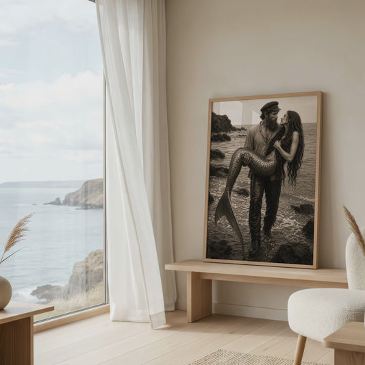 Mermaid Love Print Coastal Wall Art Romantic Ocean Couple Fisherman Mermaid Poster Fantasy Beach Decor Moody Black White Art