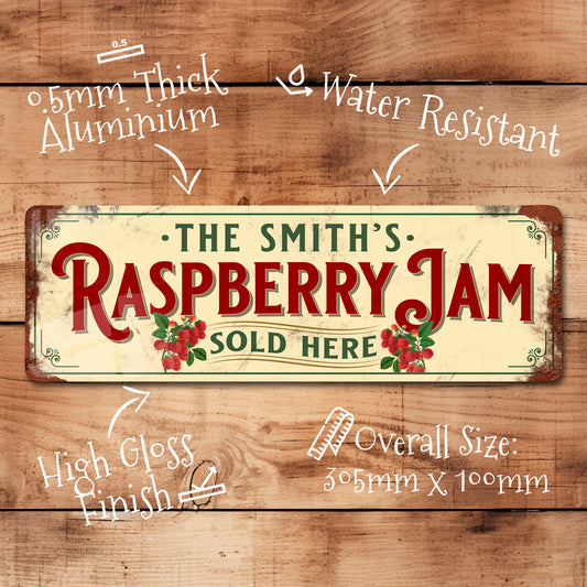 Personalised Raspberry Jam Kitchen Sign Plaque Vintage Retro Shabby - 100x305mm