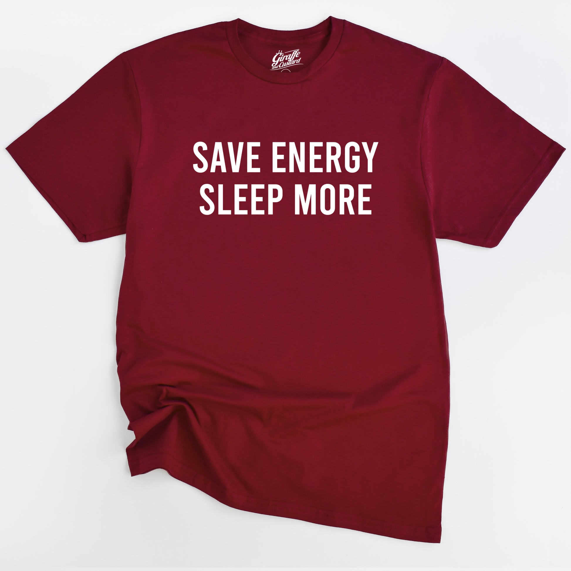 Red t-shirt with 'SAVE ENERGY SLEEP MORE' text on a white background