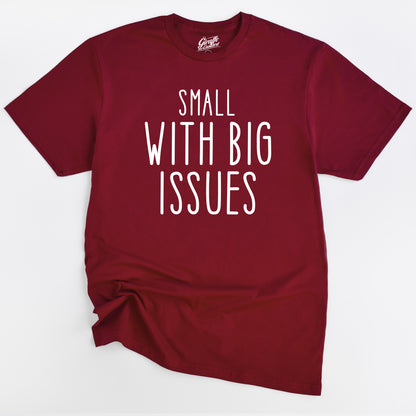 Maroon t-shirt with 'Small with Big Issues' text on a white background