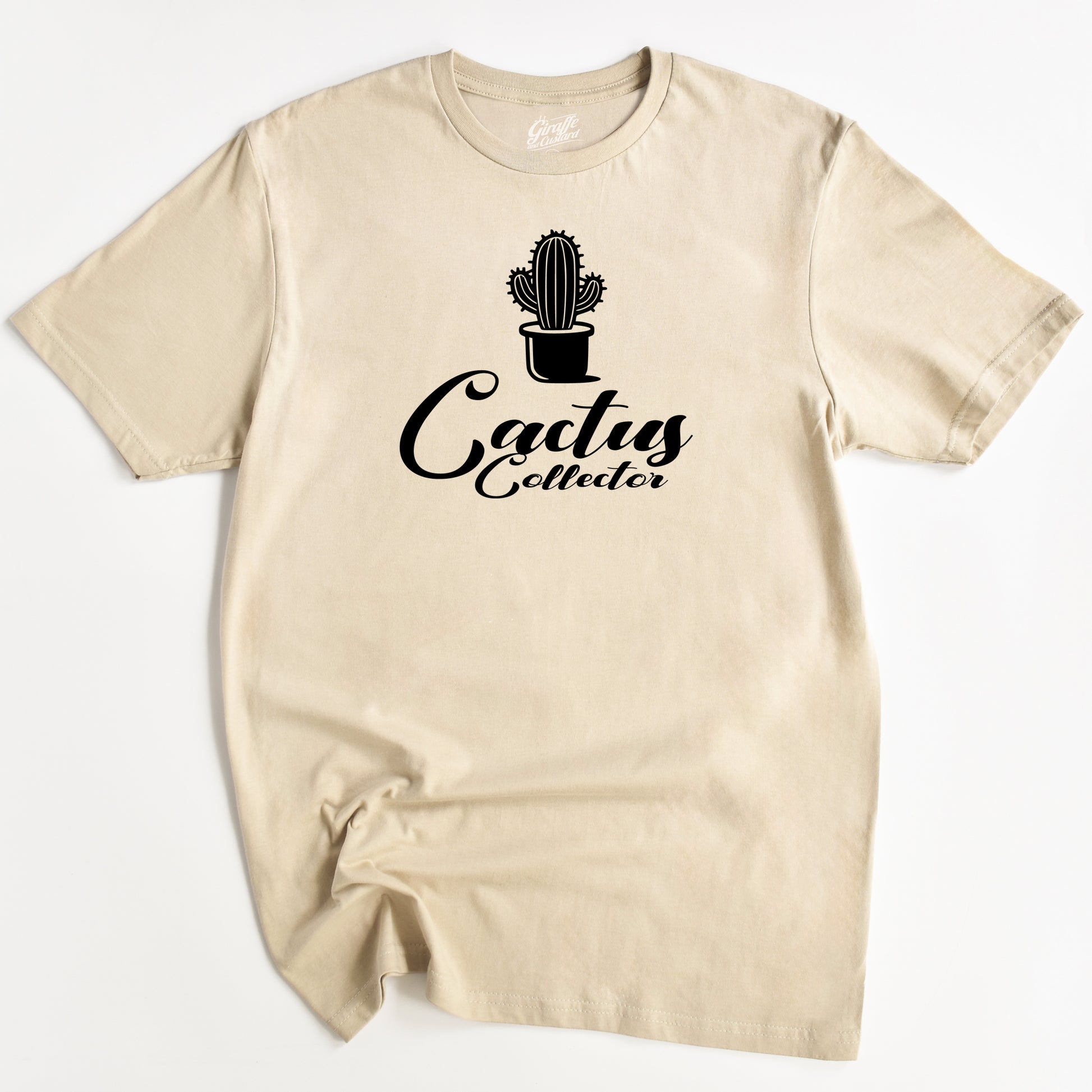 Beige t-shirt with 'Cactus Collector' text and a graphic of a cactus in a pot on the front.
